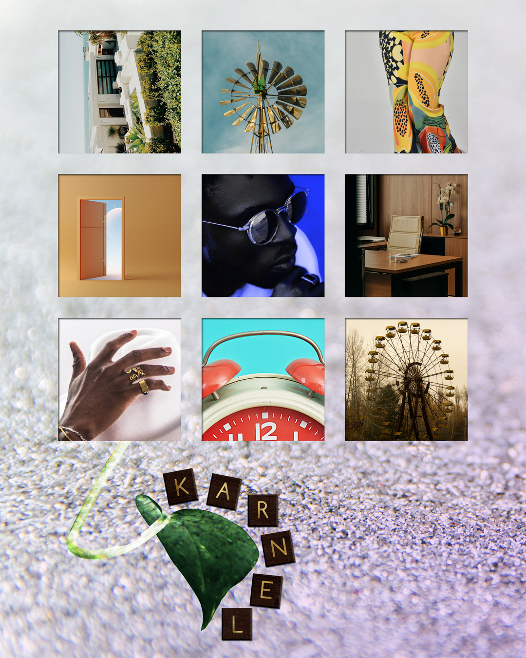 Ein Moodboard aus neun Kacheln. Im Hintergrund ist lila-silberner Sand zu sehen. Unter den Kacheln hängt ein Blatt, das von Buchstaben umgeben ist, die den Namen „Karnel“ ergeben. Die Bilder in den Kacheln zeigen eine moderne Villa, ein altmodisches Windrad, eine bunte Hose, eine offene Tür in einer gelben Wand, einen schwarzen Mann mit Sonnenbrille, ein teuer wirkendes Büro, eine dunkelhäutige Hand auf einem Hut, einen orangen Wecker und ein verlassenes Riesenrad.