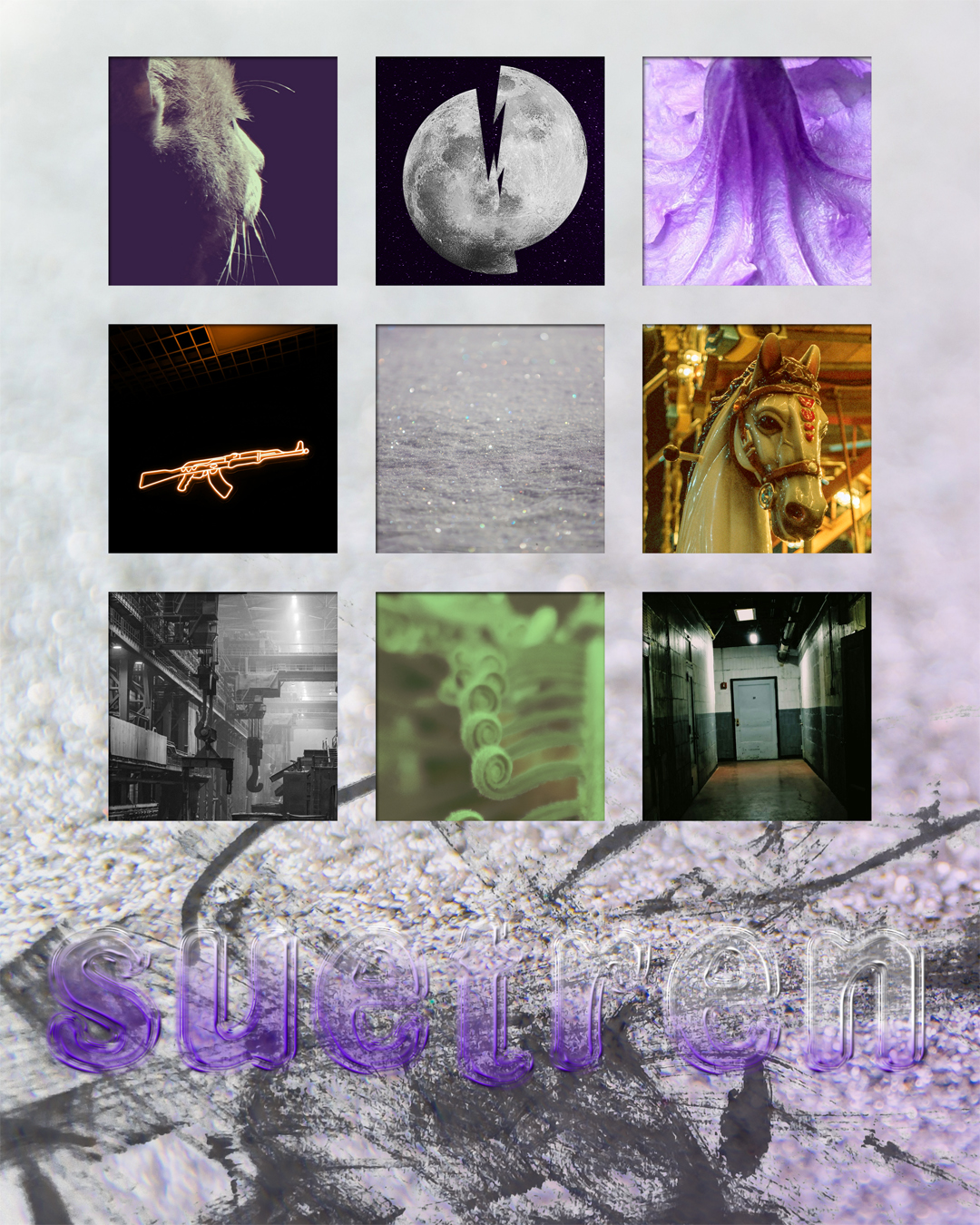 Ein Moodboard aus neun Kacheln. Im Hintergrund ist lila-silberner Sand zu sehen. Darunter steht der Name „Suetren“, dahinter sind Farbkleckse. Die Bilder in den Kacheln zeigen eine graue Katze, einen zerbrochenen Mond, einen violetten Blütenkelch, ein Neonschild, das ein Sturmgewehr abbildet, silberner Sand, ein Karussellpferd, eine graue Fabrik, grüne Ranken und einen von einer Glühbirne beleuchteten Keller.